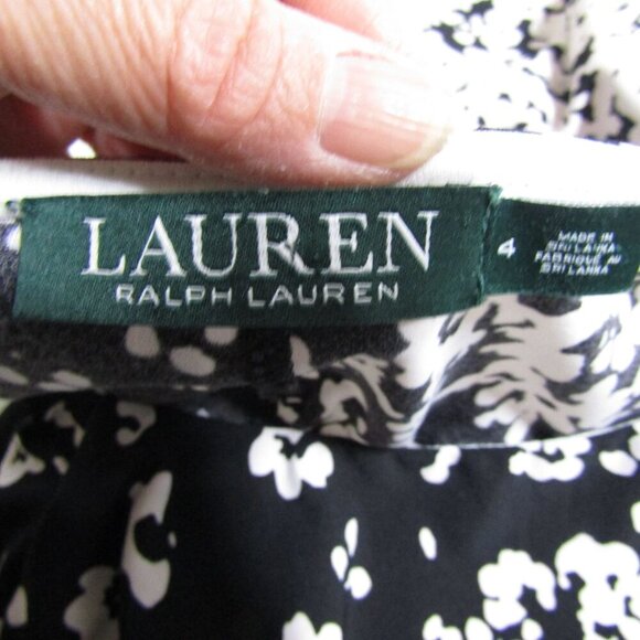 LAUREN RALPH LAUREN Knit ABSTRACT Ruched Black White Career Sheath Mod Dress 4 - Picture 9 of 11